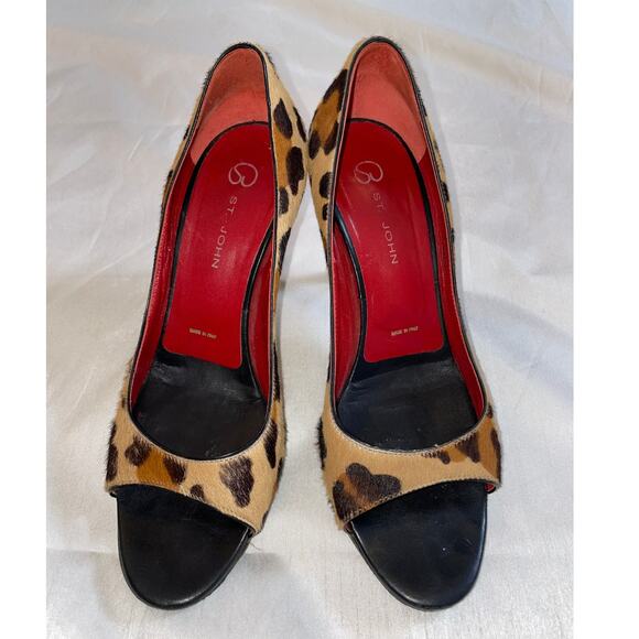 St. John Leopard Print Open Toe Heels - Size 39 - Leather &‎ Calf Hair - Picture 2 of 16